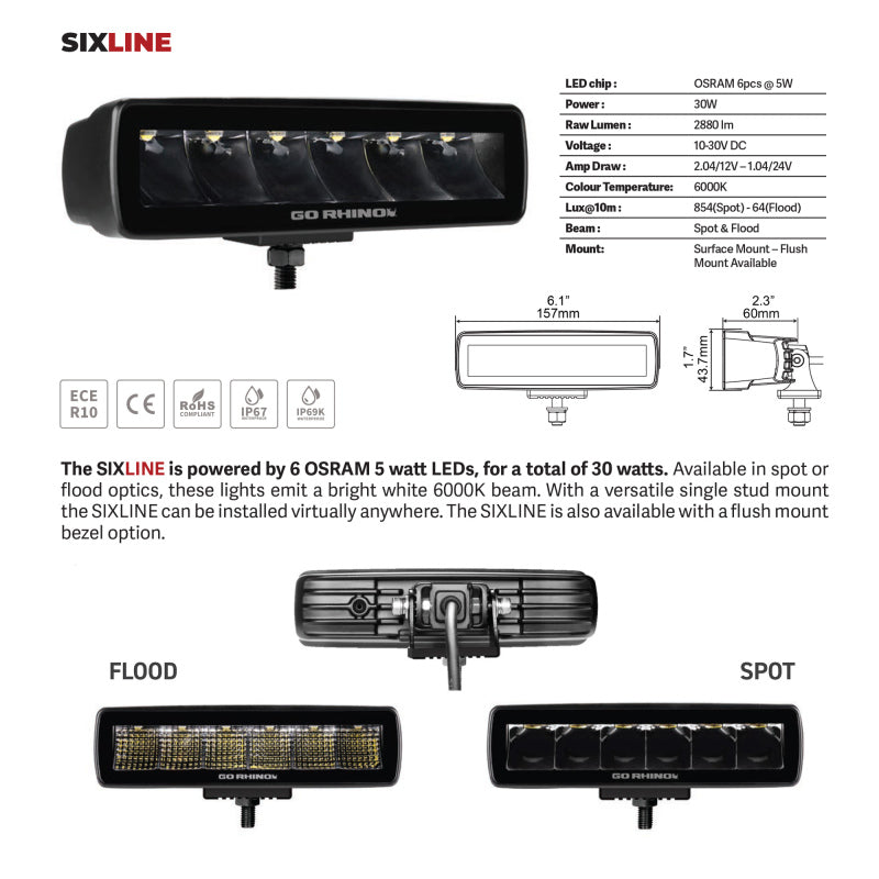 Go Rhino Xplor Blackout Series Sixline LED Flood Light Kit (Flush Mount) - Blk (Pair)