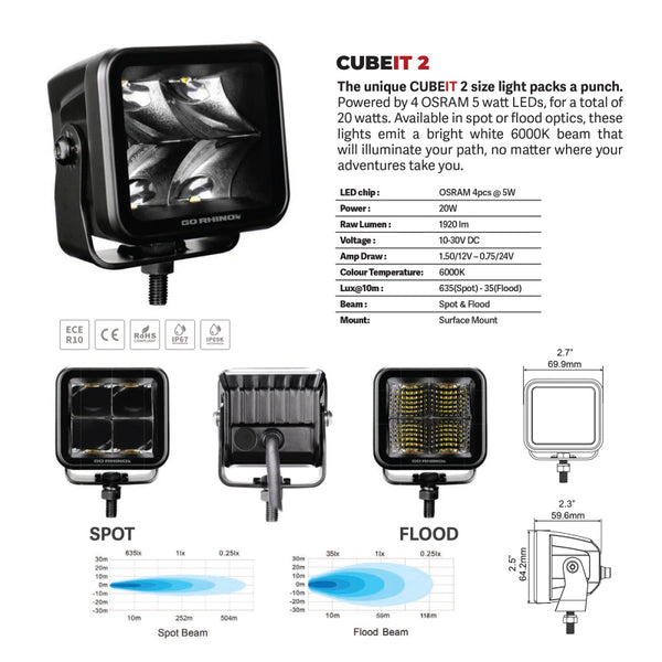 Go Rhino Xplor Blackout Series Cube LED Flood Light Kit (Surface/Threaded Stud Mnt) 2x2 - Blk (Pair)